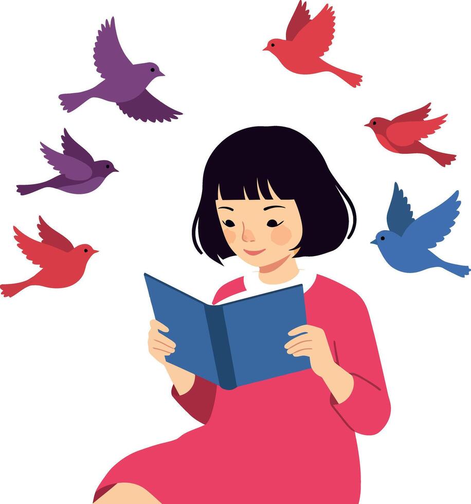 A girl reading a book surrounded by colorful birds in a flat illustration vector