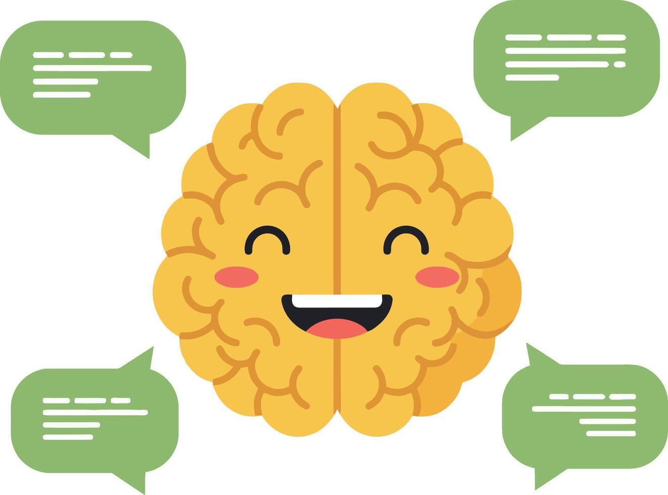 Happy cartoon brain character with smiling face and speech bubbles in flat art vector