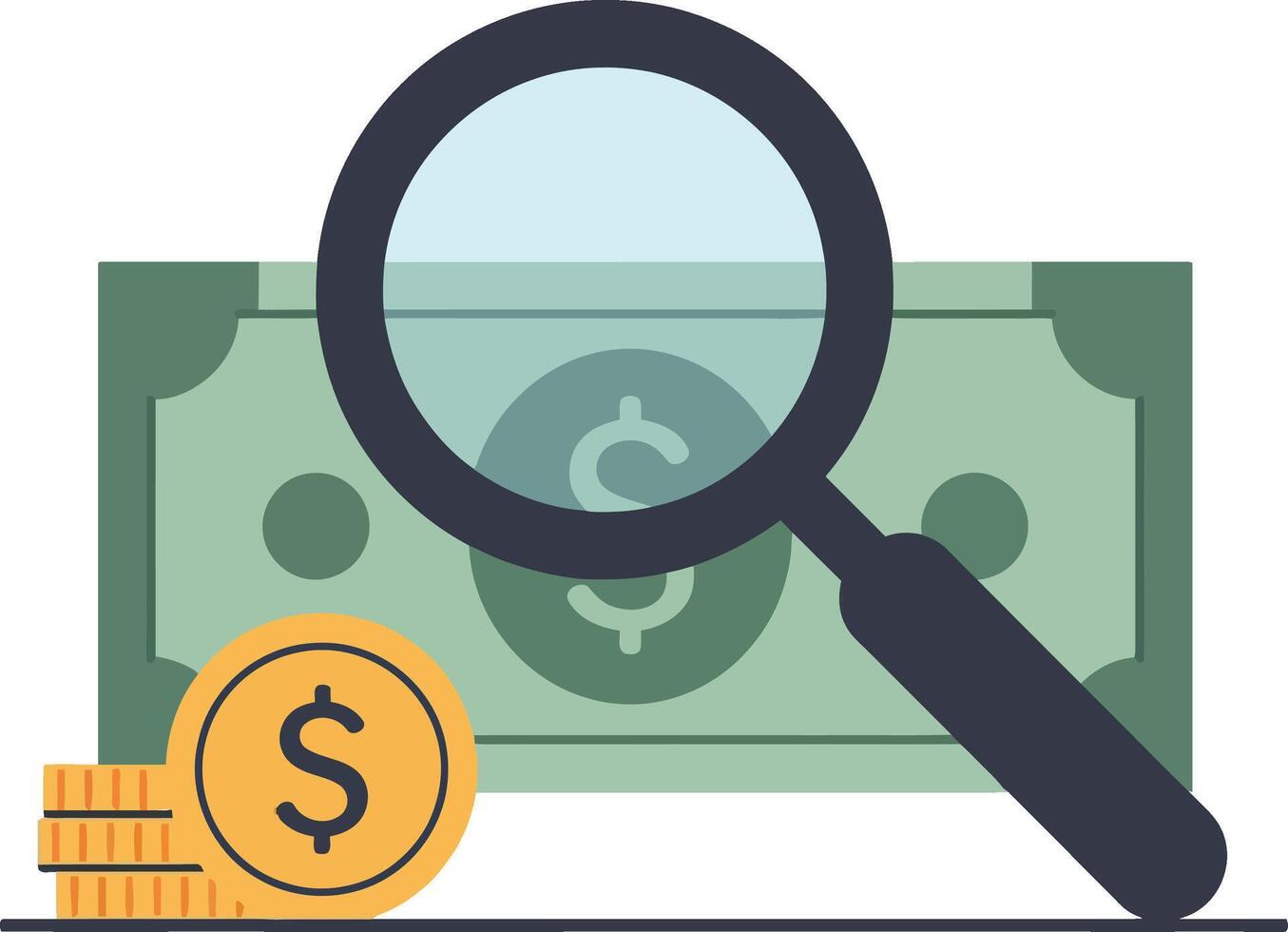 Magnifying glass examining a dollar bill and coins in flat art vector