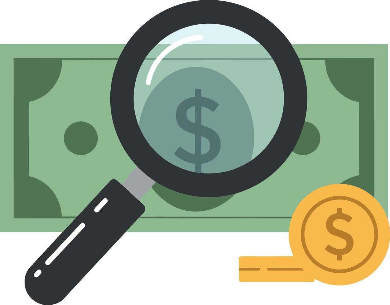 Magnifying glass examining currency notes and coins in a flat illustration vector