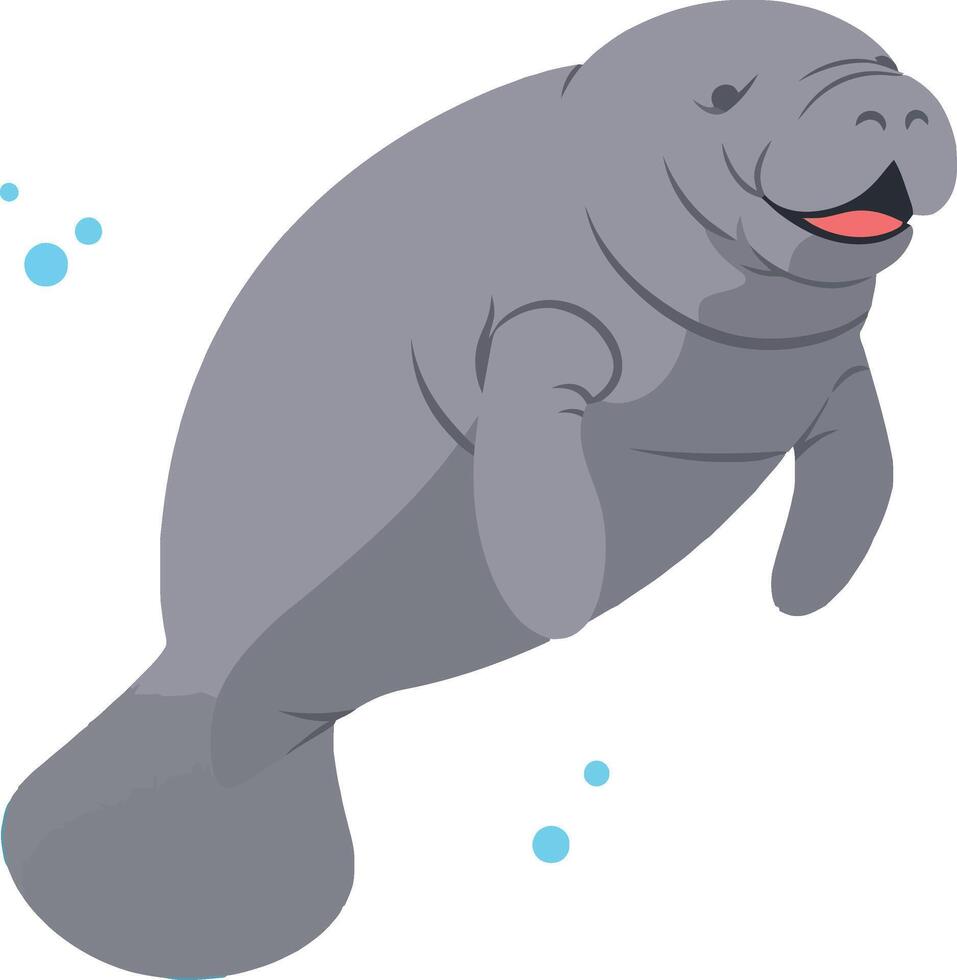Happy manatee swimming gracefully in clear water, flat illustration vector