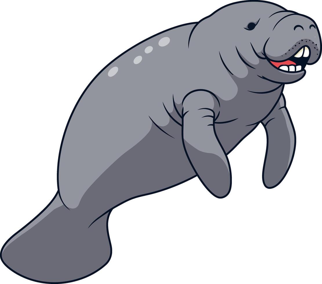 Happy manatee swimming gracefully in a bright aquatic environment, featuring flat art vector