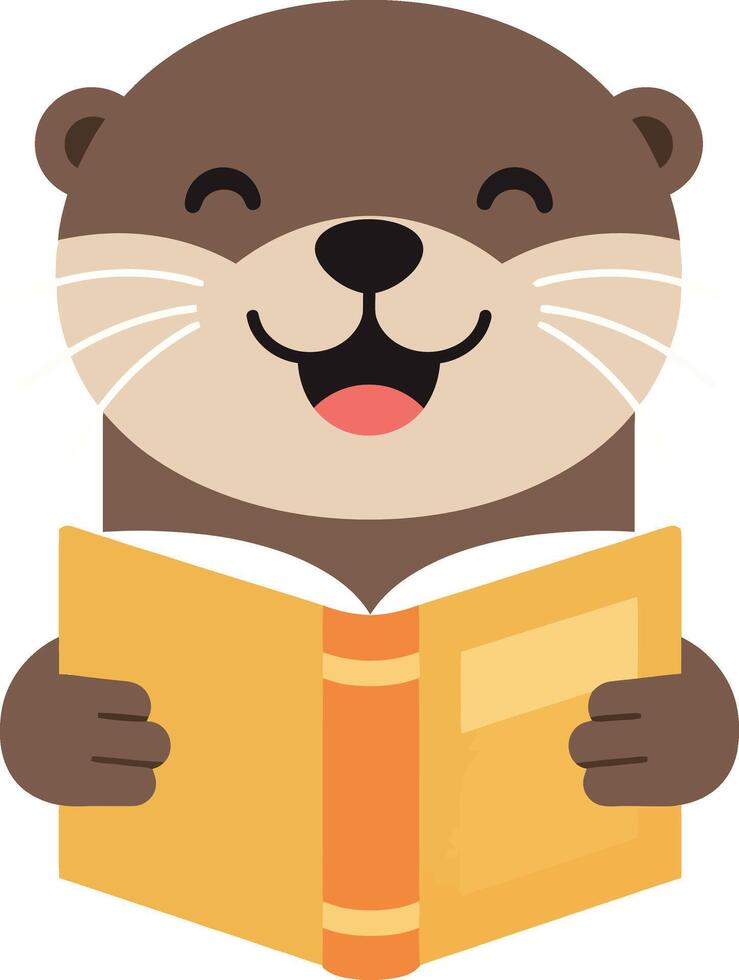 Happy cartoon otter reading a yellow book in a playful flat illustration vector