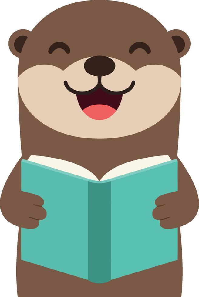 Happy otter reading a book in a flat, cheerful design style, illustration vector