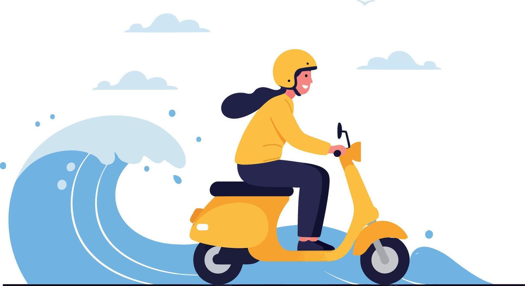 A woman riding a yellow scooter alongside crashing ocean waves in a flat illustration vector