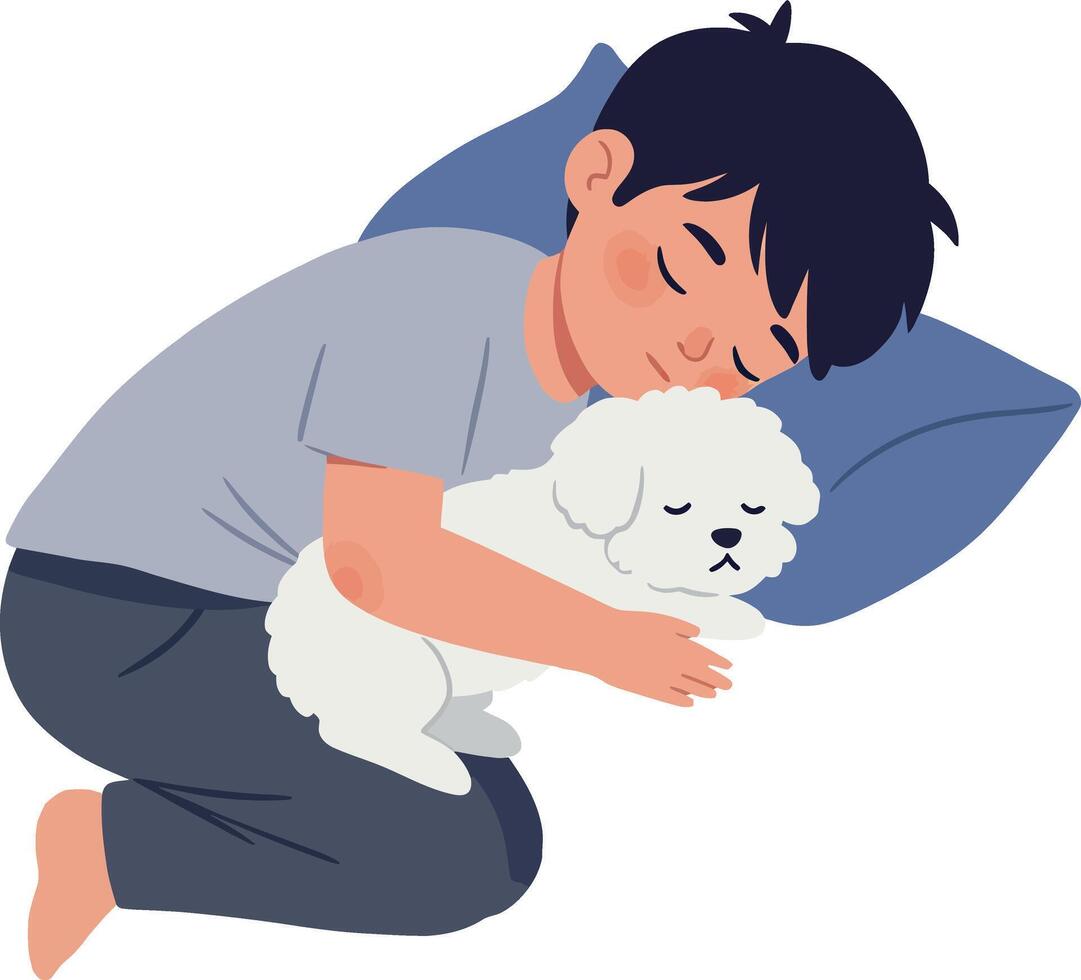 Young boy peacefully sleeping while cuddling a fluffy white dog in a flat illustration vector