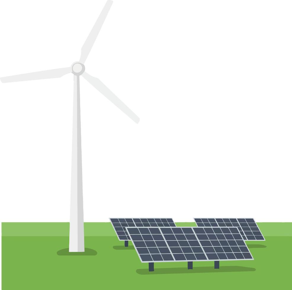 Wind turbine and solar panels in a green field showcasing minimal art vector