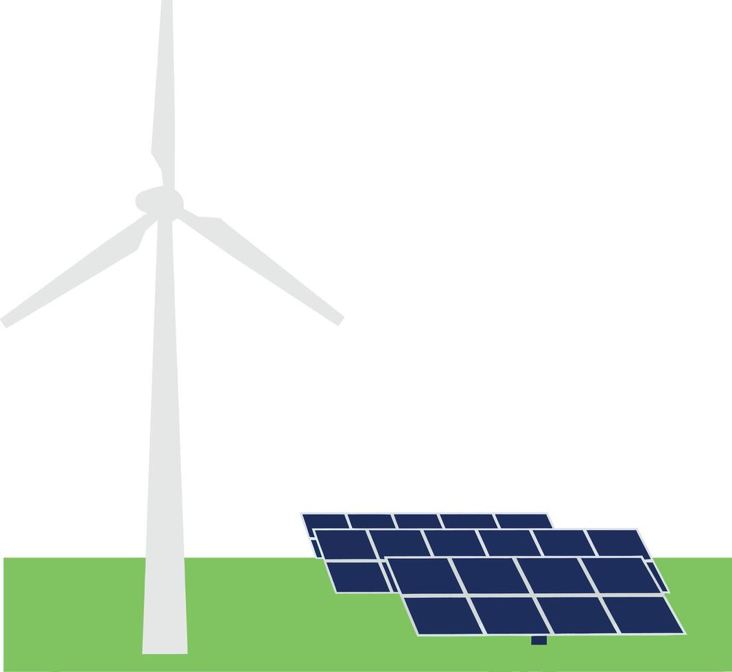Wind turbine and solar panels on green landscape in flat art vector