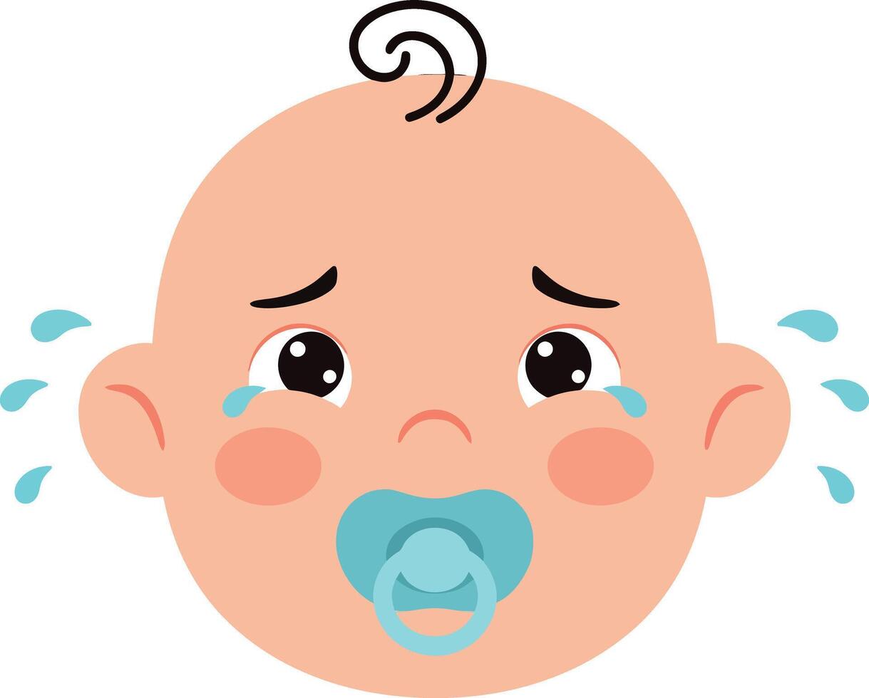 Cute crying baby face with pacifier in flat art style vector