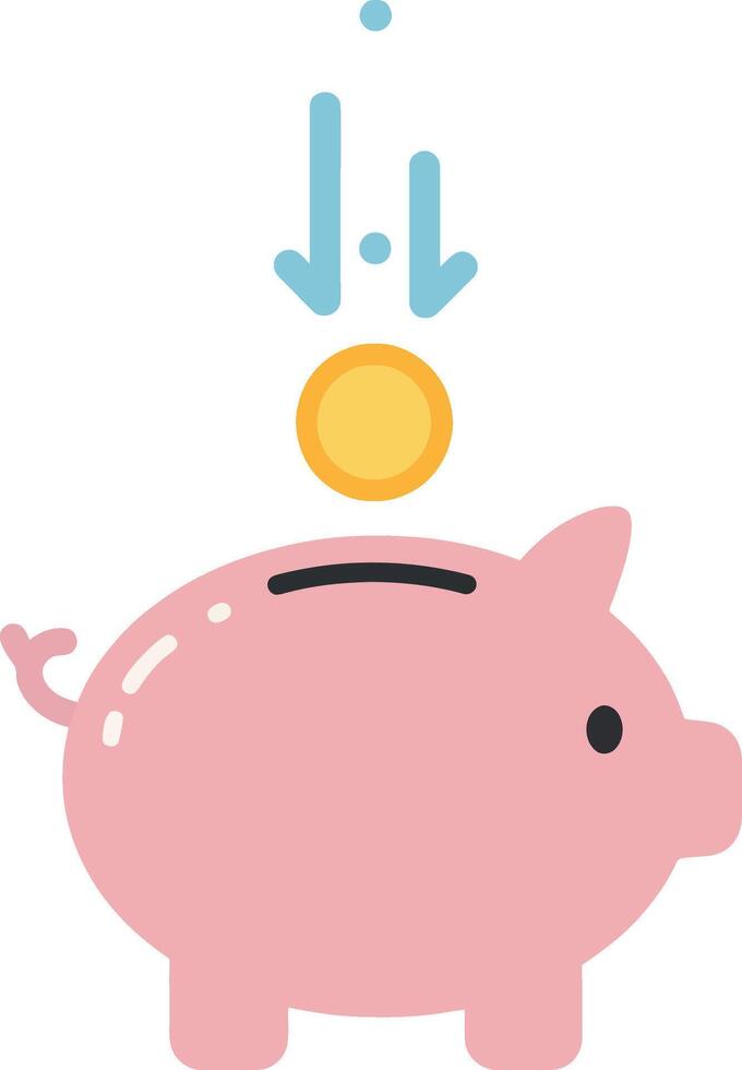 Pink piggy bank with a coin dropping in, flat design art vector