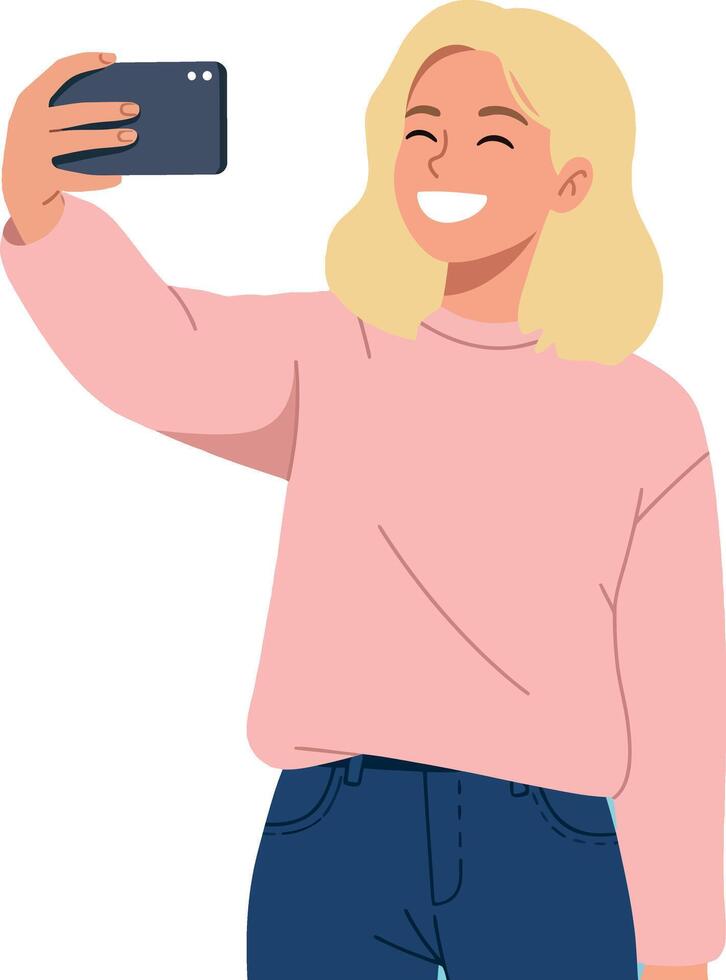Young woman happily taking a selfie in a casual pink sweater, flat illustration vector