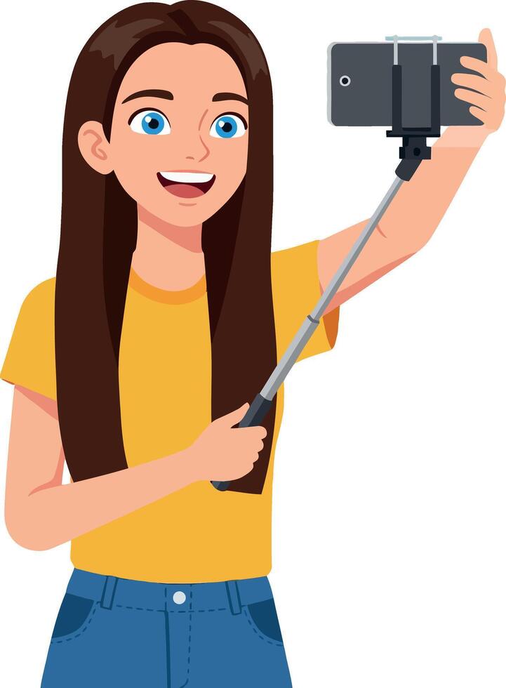 Young woman taking a selfie with a smartphone on a selfie stick, flat art vector