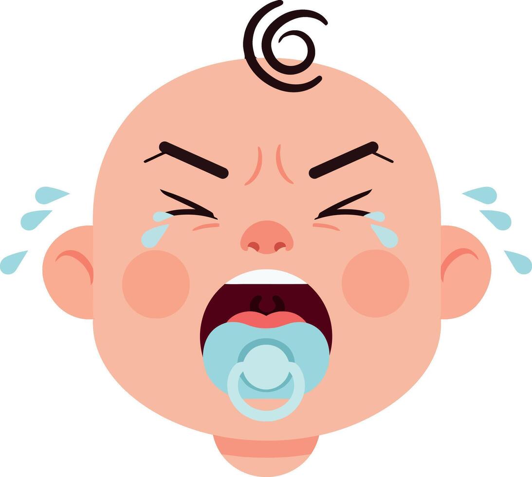 Crying baby with a pacifier in flat art style displaying frustration and emotion vector
