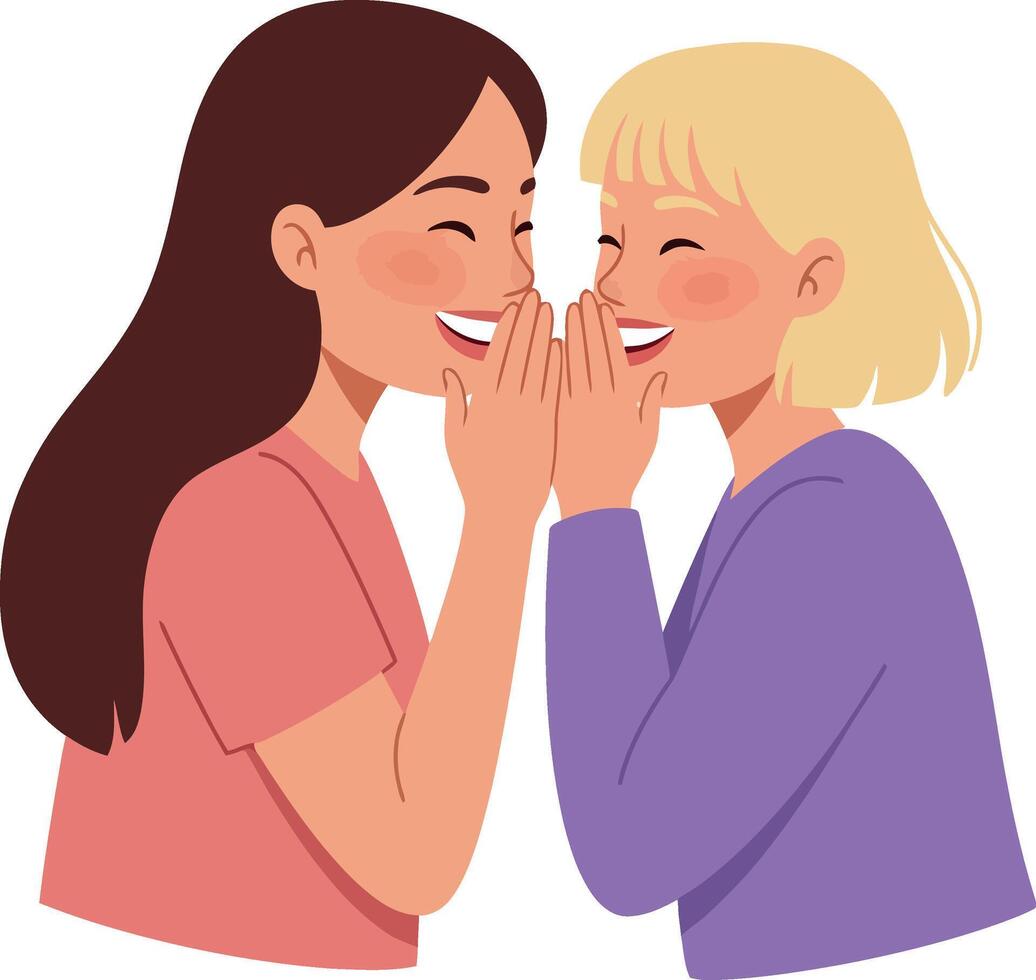 Two smiling friends sharing a secret in minimal flat design illustration vector
