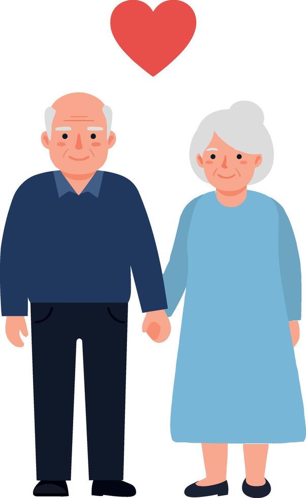 Elderly couple holding hands in love, flat design, heart symbol, art vector