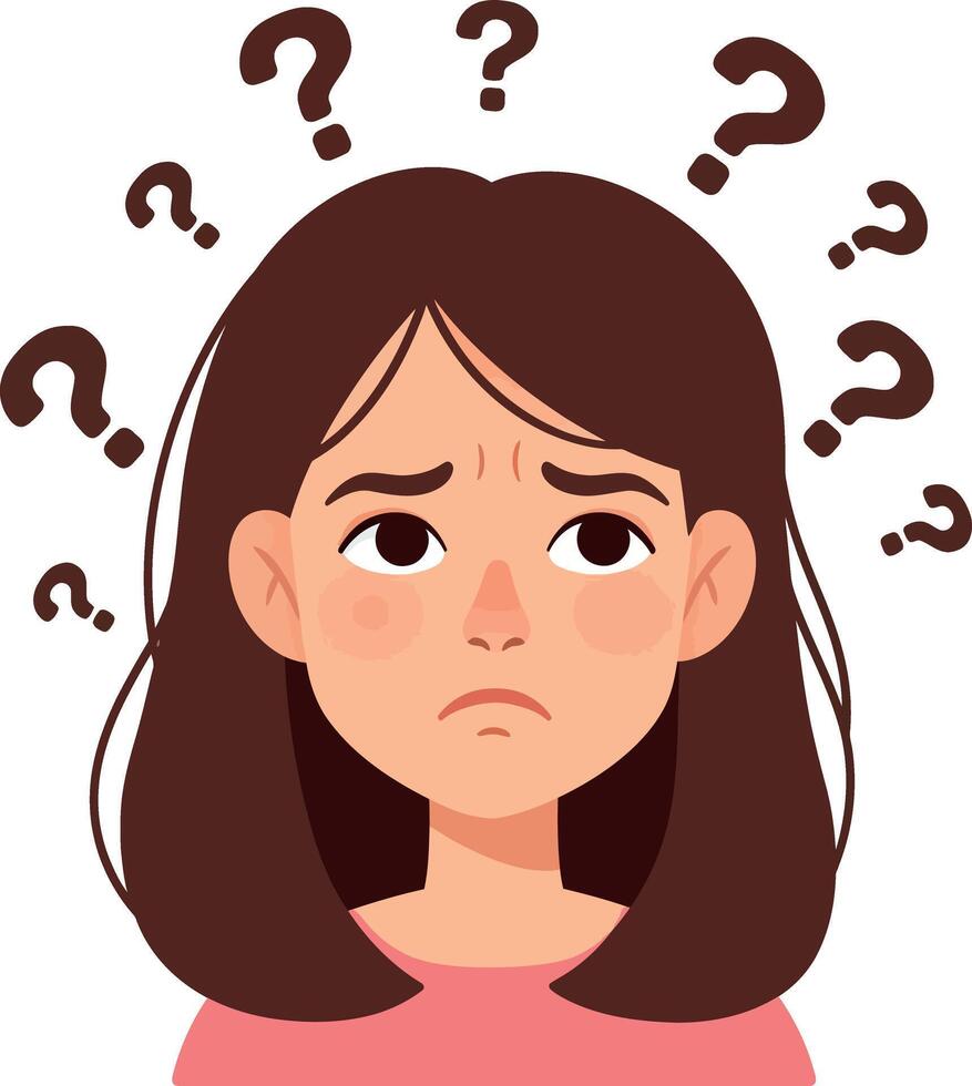 Confused young girl with brown hair and worried expression in flat art vector