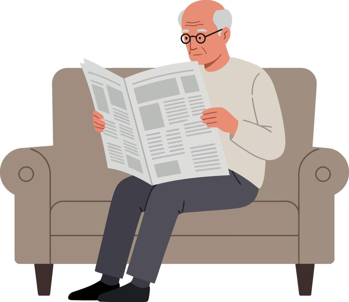 Elderly man reading a newspaper while sitting comfortably on a beige couch in flat art vector
