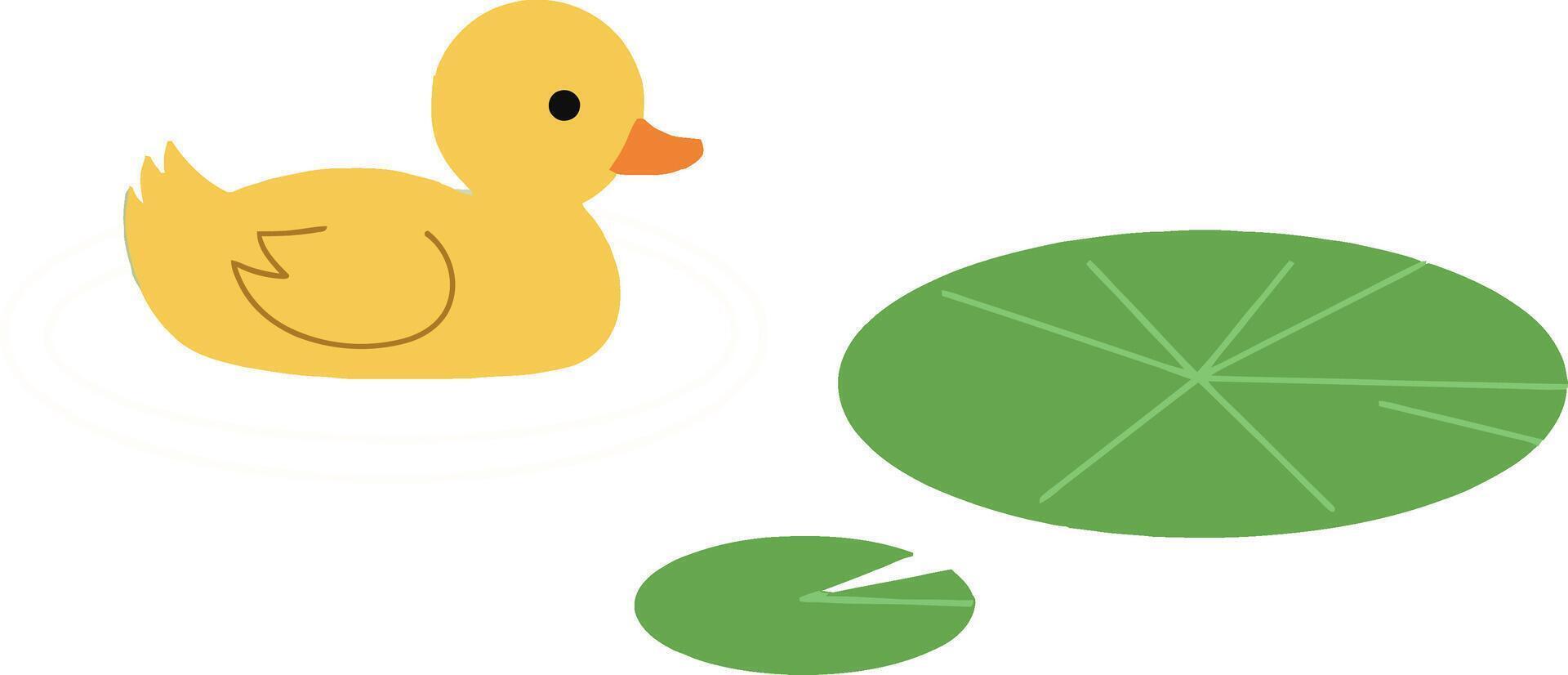 A cheerful yellow duck swimming beside a green lily pad in flat art vector