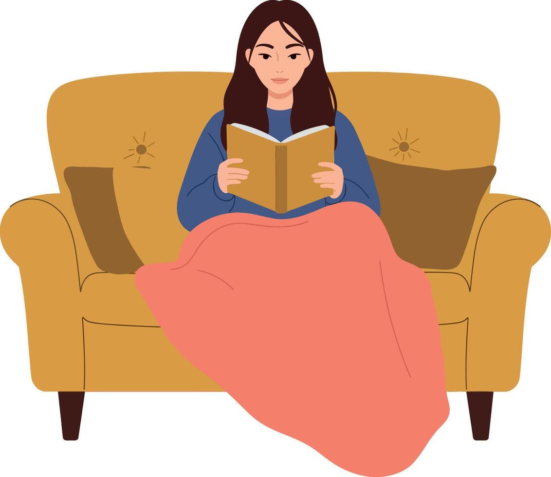A woman reading a book on a cozy yellow sofa with a pink blanket in flat art vector