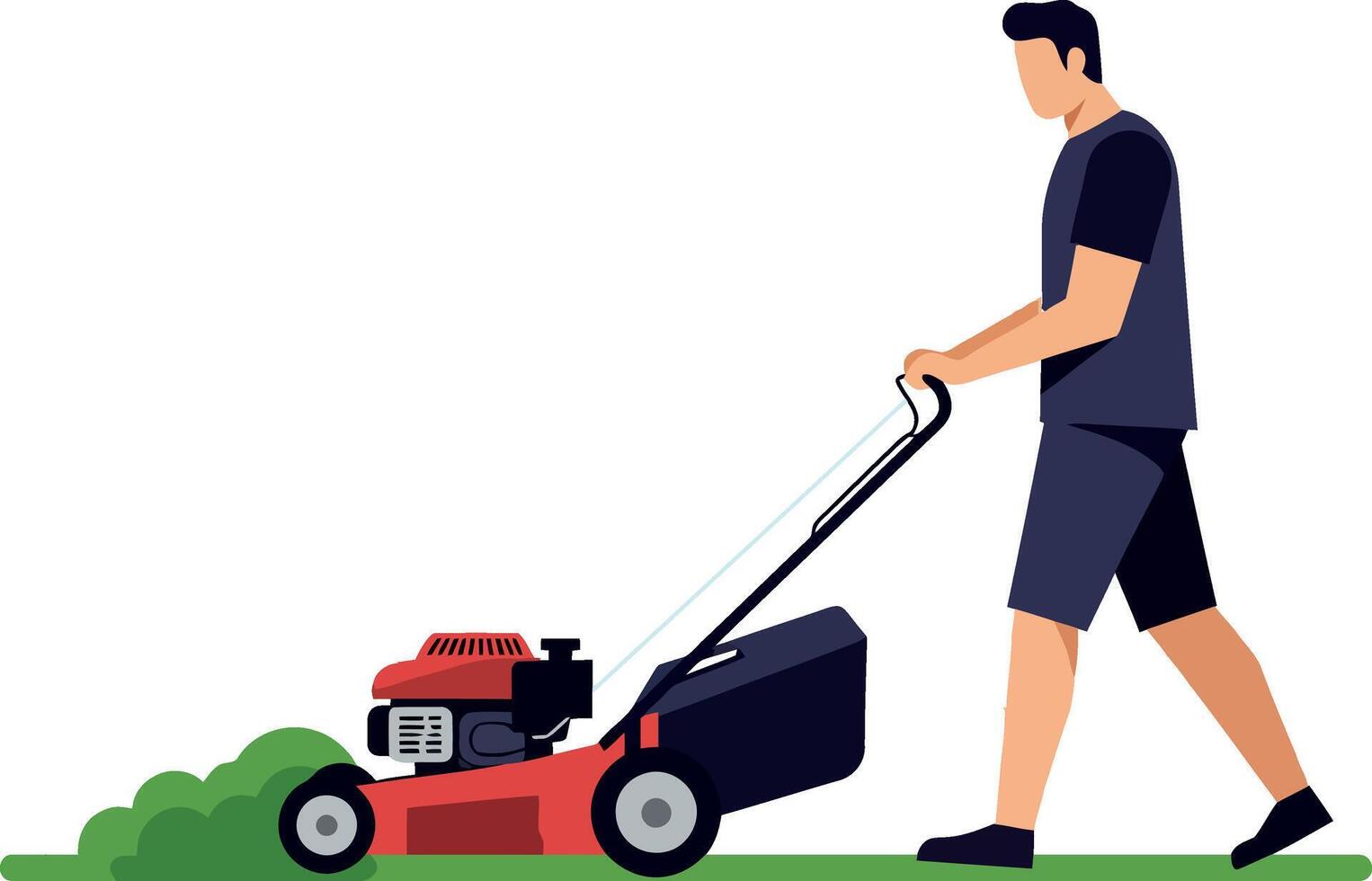 Man mowing a lawn with a red lawnmower in flat art style vector