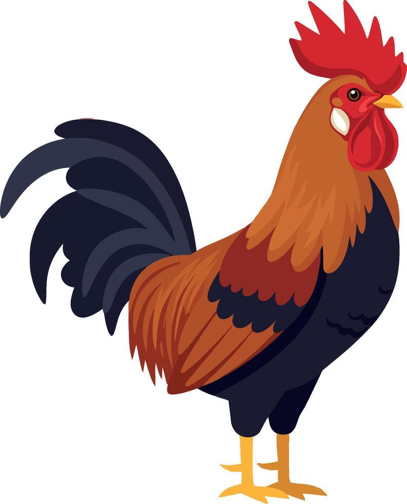 Majestic rooster standing proudly with vibrant feathers in flat art vector
