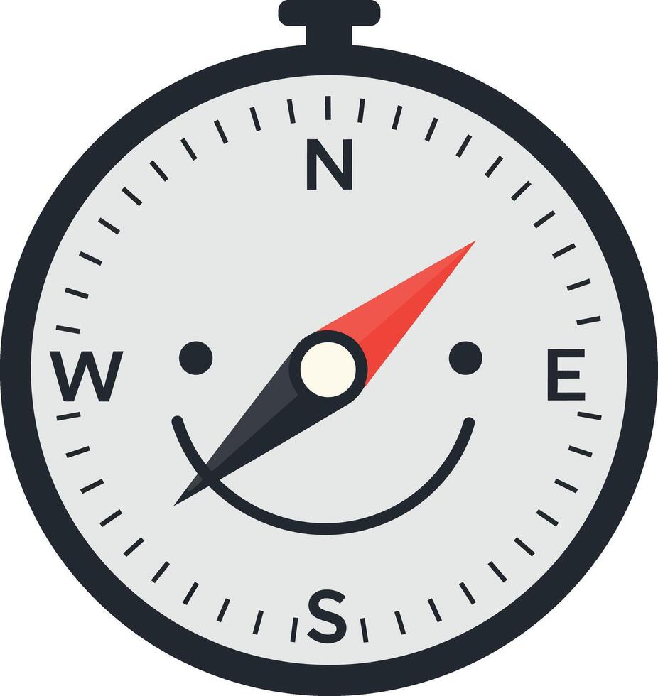 Smiling compass design in minimal style featuring cardinal directions and cheerful expression, illustration vector