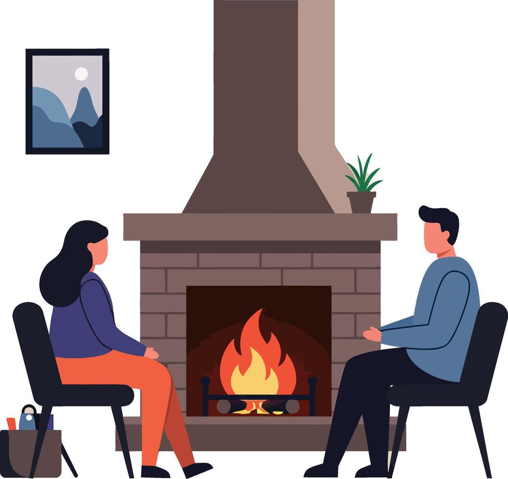 Two people seated in front of a cozy fireplace in a flat illustration vector