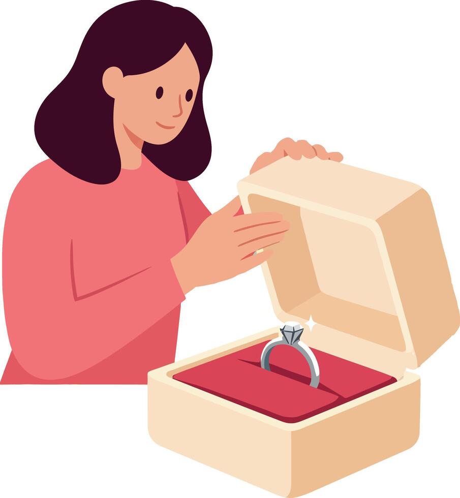 A woman joyfully opening a ring box with a sparkling engagement ring in flat art vector