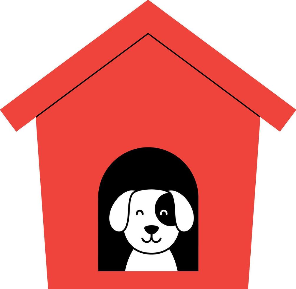 Happy dog peeking out from a bright red dog house in minimal art vector