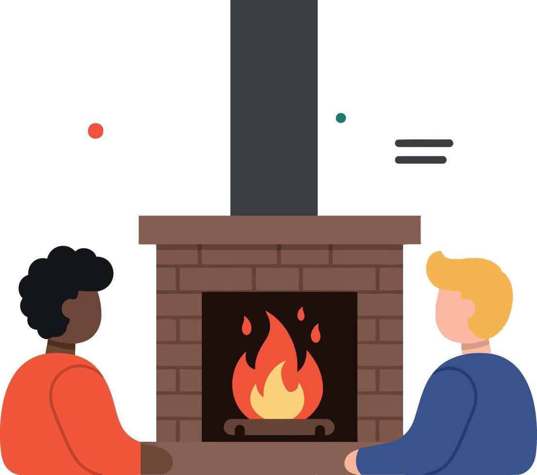 Two friends enjoying a warm fire in a cozy setting, flat illustration vector