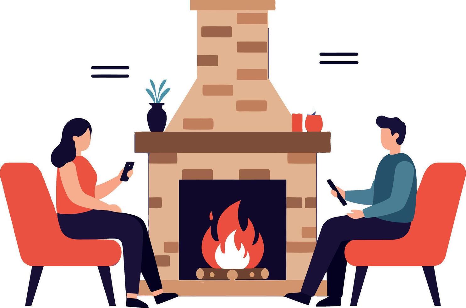 Two people relaxing by a cozy fireplace in a flat minimal style illustration vector