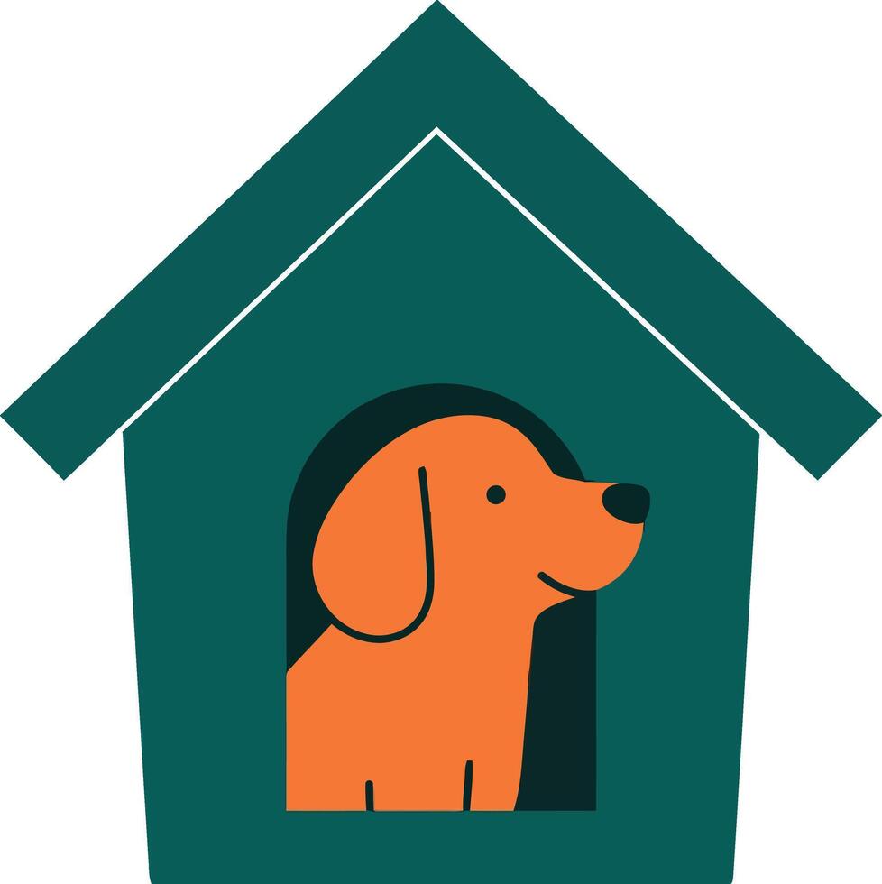 A cheerful orange dog peeking out from a teal doghouse in minimal art vector