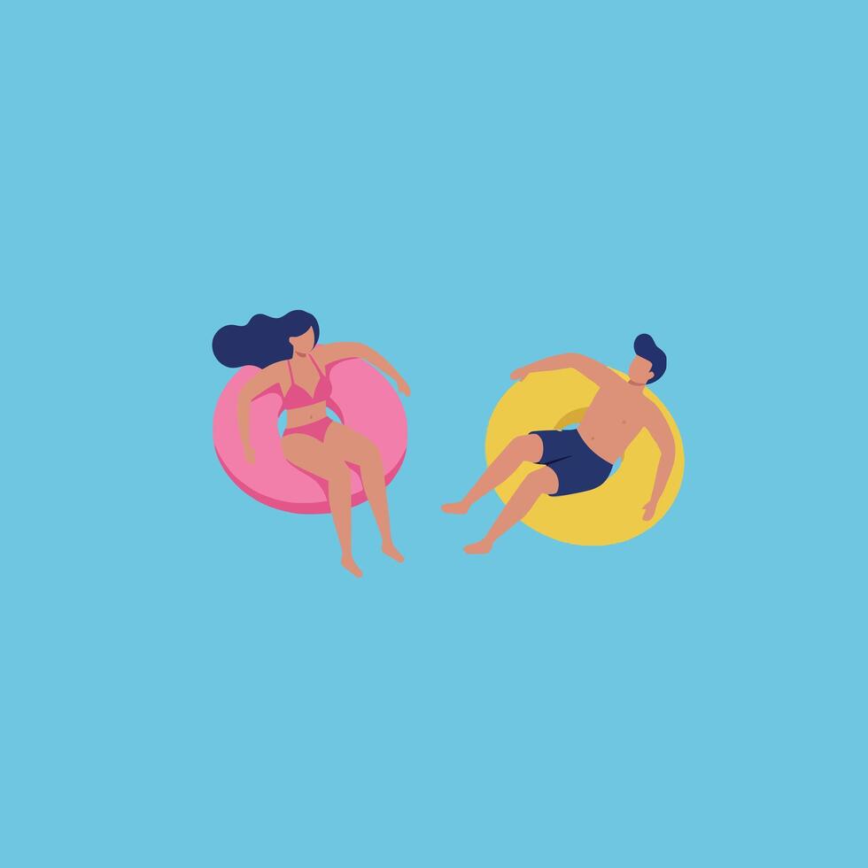 Two people relaxing on colorful inflatable tubes in a bright blue pool flat illustration vector