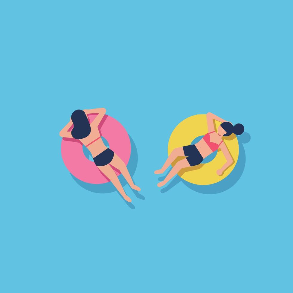 Two women relaxing on colorful pool floats in a serene summer setting flat illustration vector