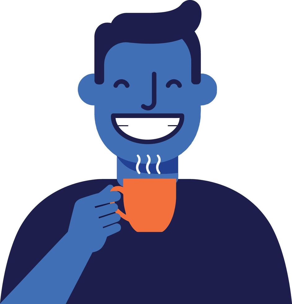 Smiling man holding an orange cup of coffee in a minimal flat illustration vector