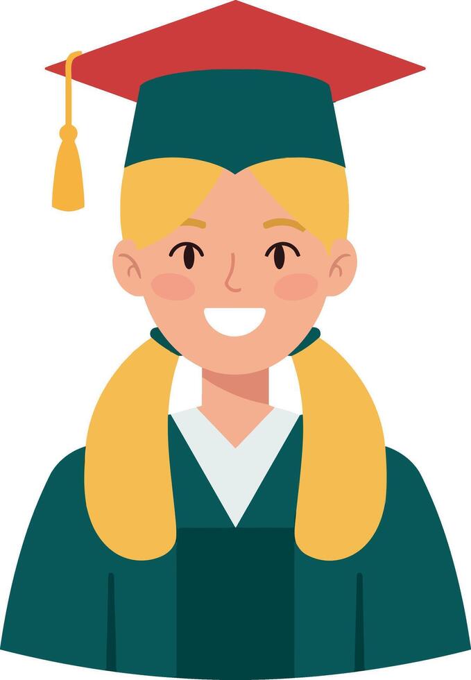Cheerful graduate girl with blonde pigtails wearing a green gown and red cap in flat art vector