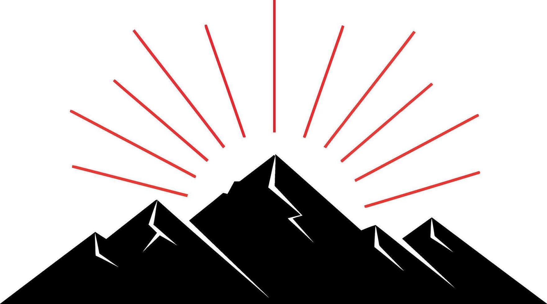 Black mountain silhouette with red sun rays in a flat illustration vector