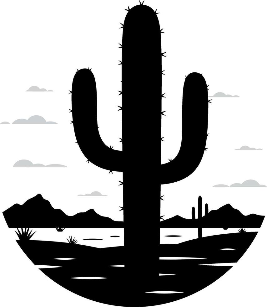 A tall cactus silhouette against a minimal desert landscape in monochrome art vector