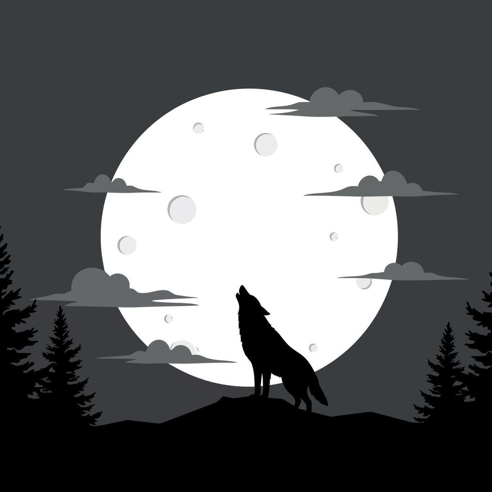 A howling wolf silhouette against a large moon in a minimalistic black and white illustration vector