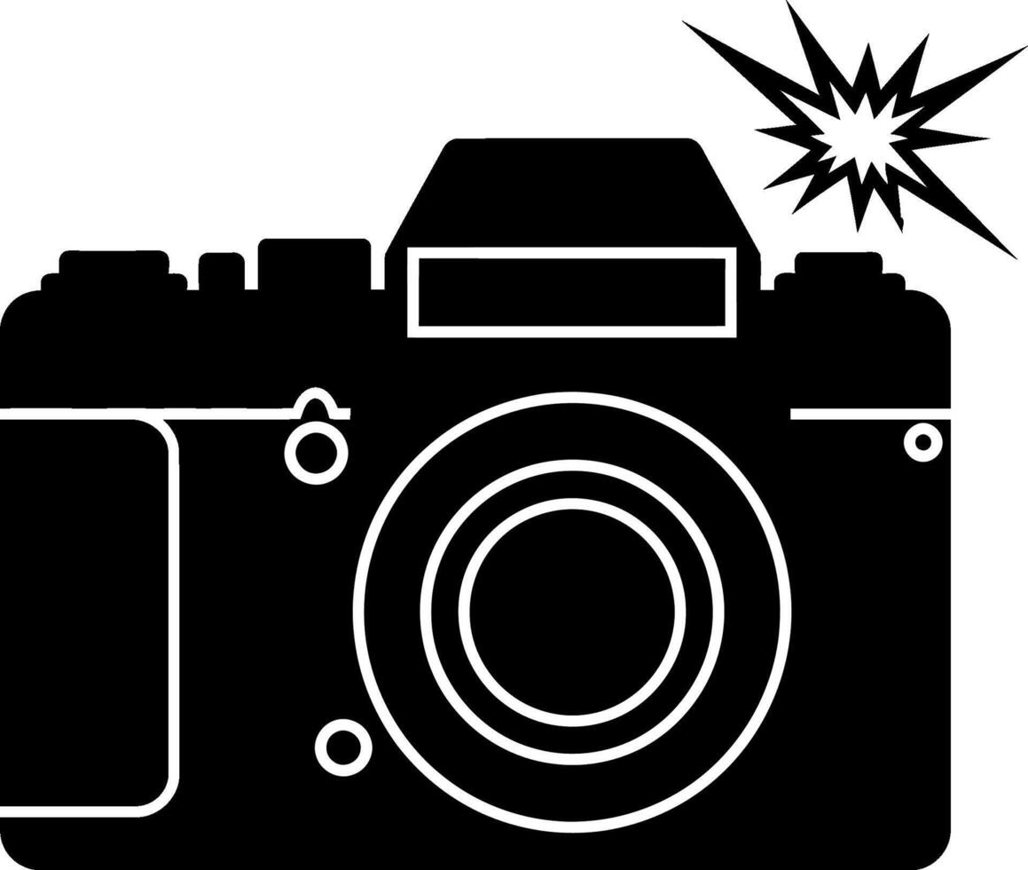 Black camera with a flash in a minimalistic design style, showcasing photography art vector