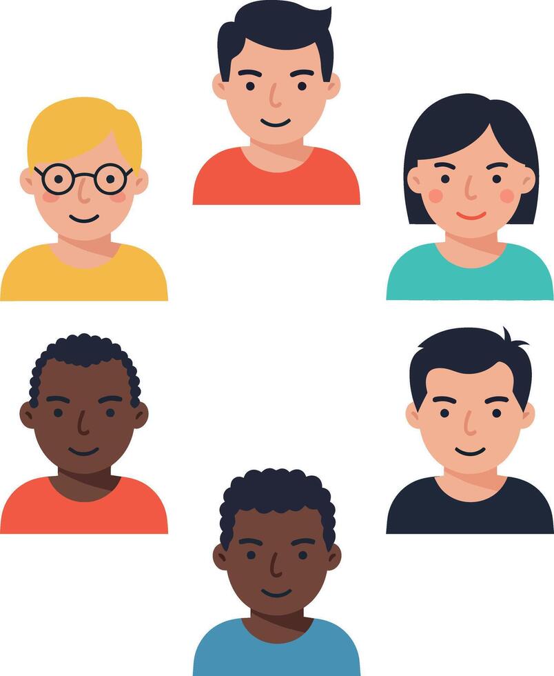 Six diverse cartoon characters in minimal style showcasing friendship and teamwork in flat art vector