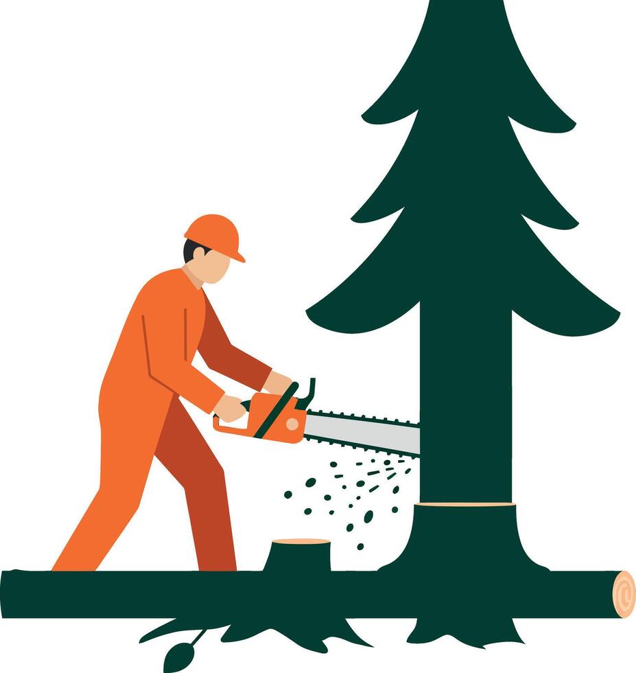 A lumberjack in an orange outfit cutting down a tall green tree in a flat illustration vector