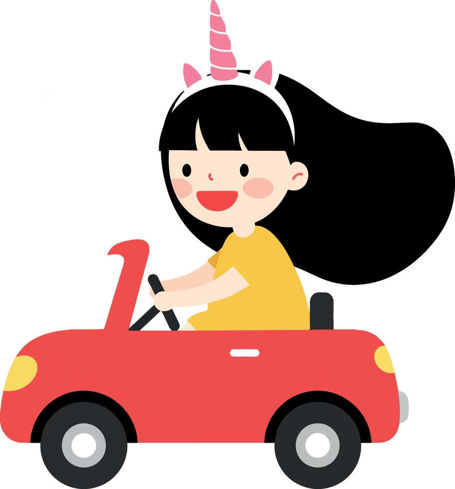 Happy girl with unicorn headband driving a red car in flat art vector