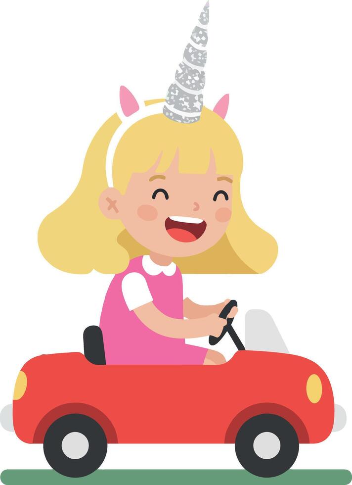 Happy girl with unicorn headband driving a red toy car in flat art vector