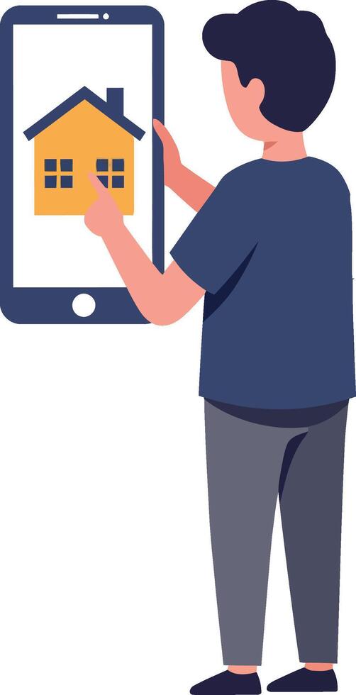 Young man using smartphone to visualize a house design in flat art vector