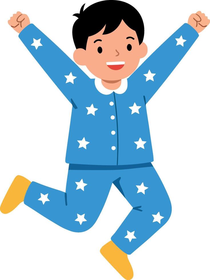 Happy child in blue star-patterned pajamas jumping joyfully in a minimal, flat illustration vector
