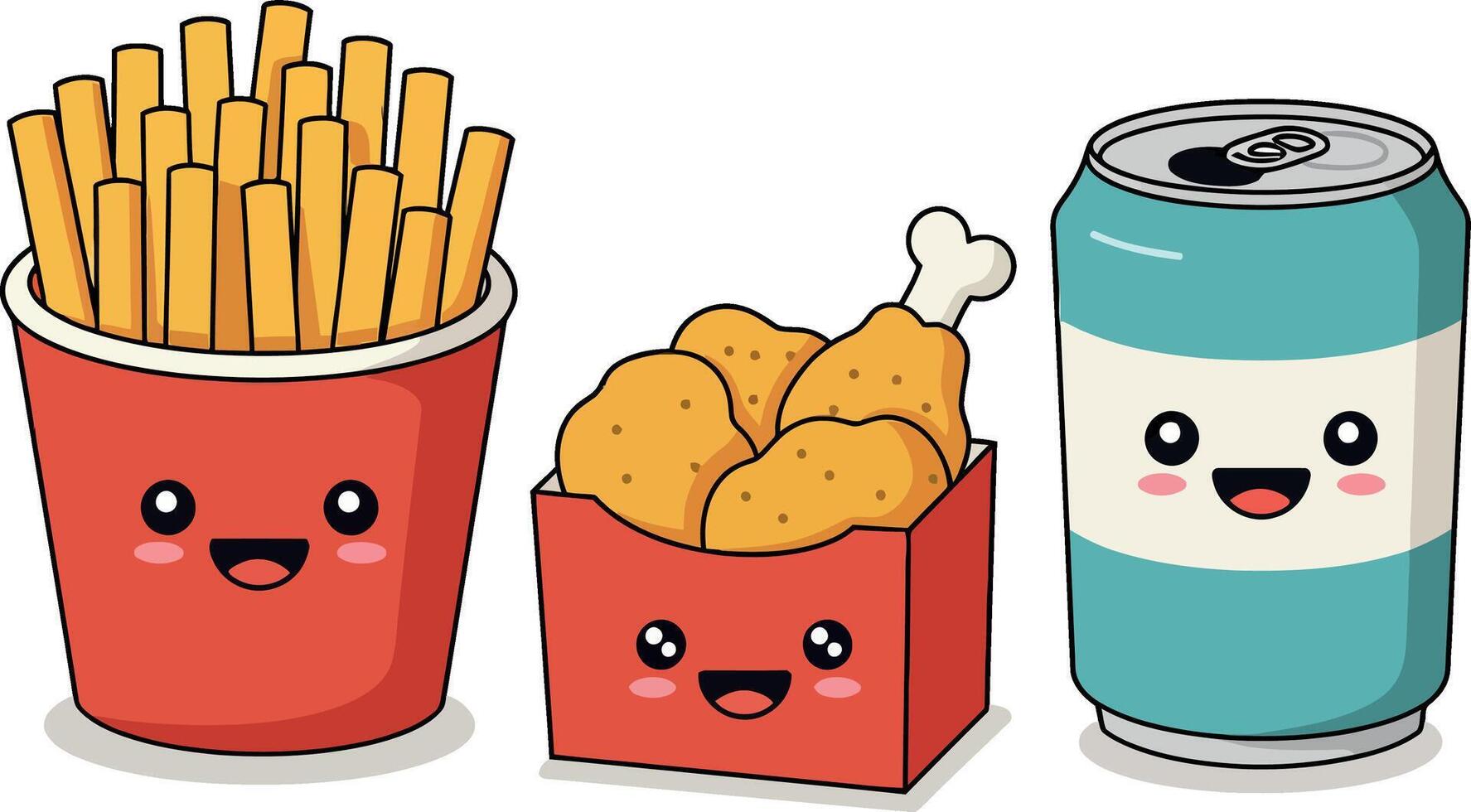 Cute fast food characters including fries, chicken nuggets, and soda in a colorful flat illustration vector