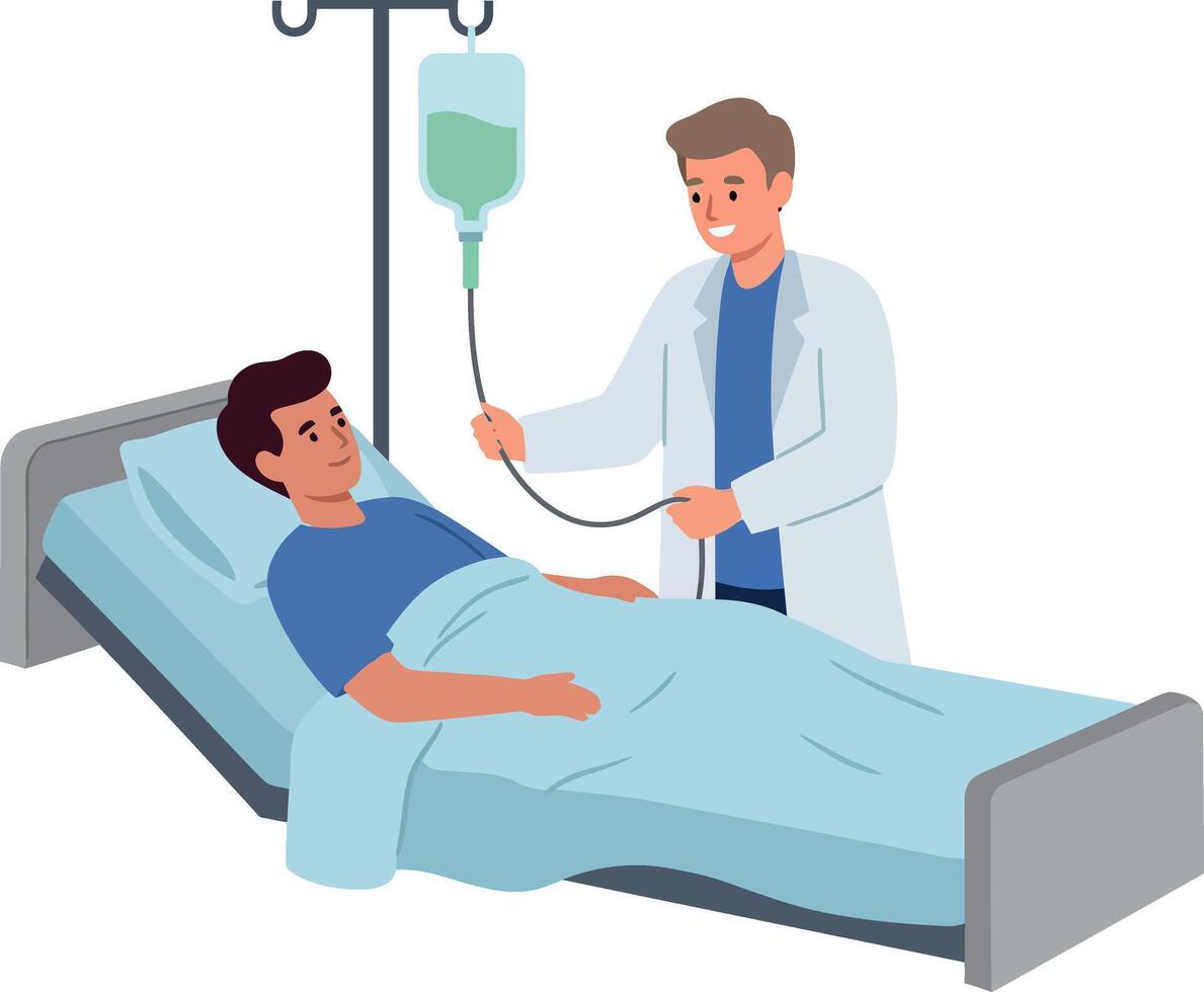 Patient receiving intravenous treatment from a caring doctor in a minimal style illustration vector
