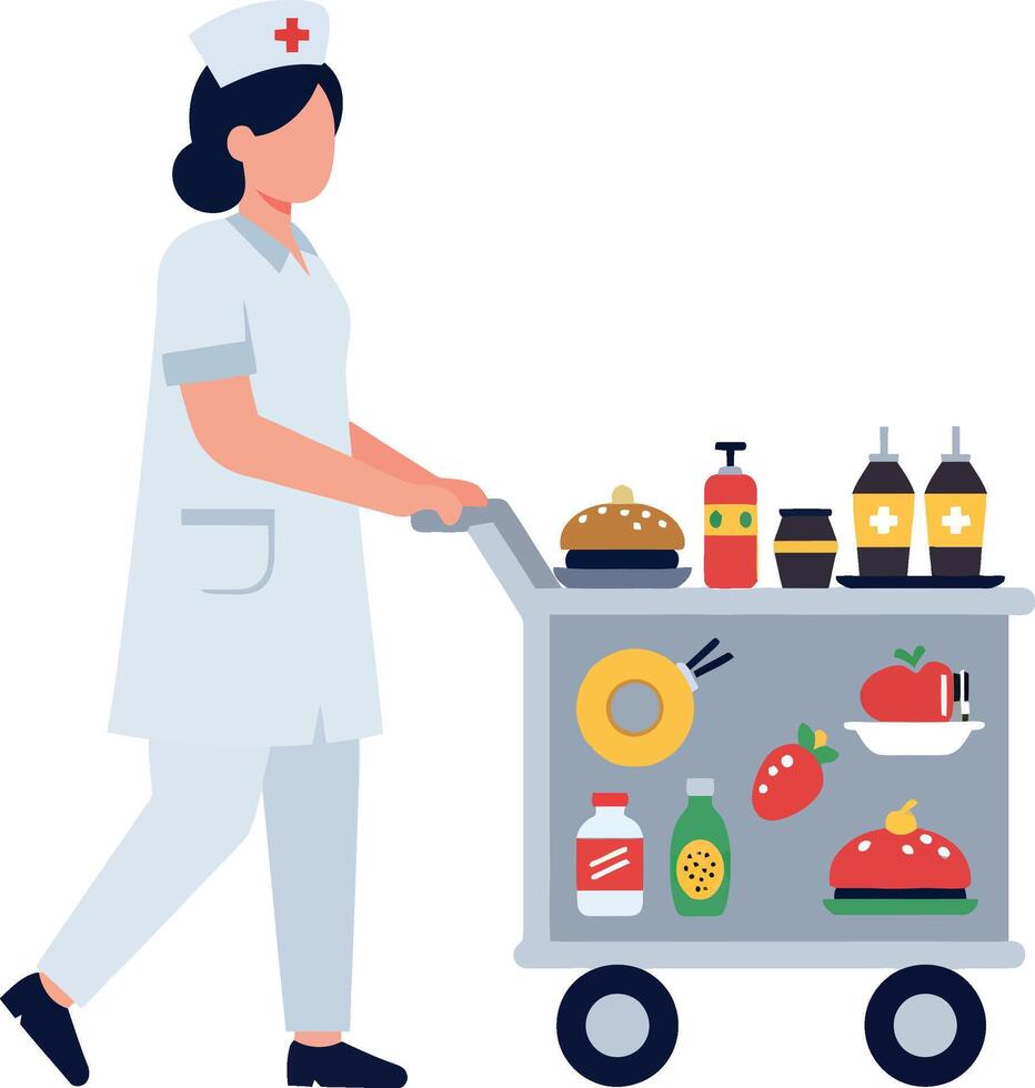 Nurse pushing a food cart with various items in a flat illustration vector