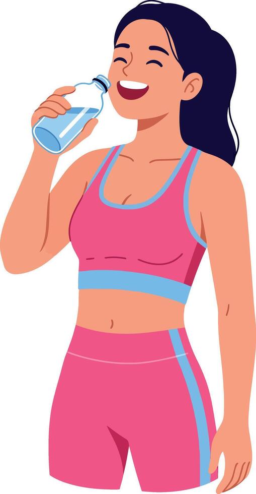 Happy woman in pink athletic wear enjoying water after workout in flat art vector